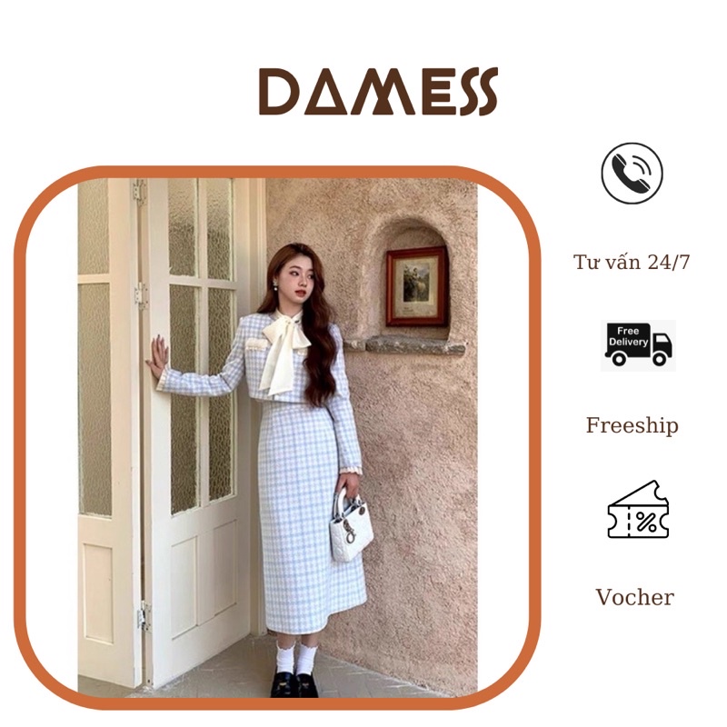 Set váy dạ tweed kẻ xanh gồm áo khoác và chân váy kiểu dáng hàn quốc