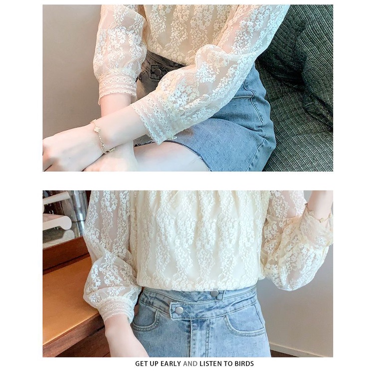 Áo Chiffon Cổ Vuông Tay Dài Phối Ren Thời Trang Mùa Xuân Cho Nữ