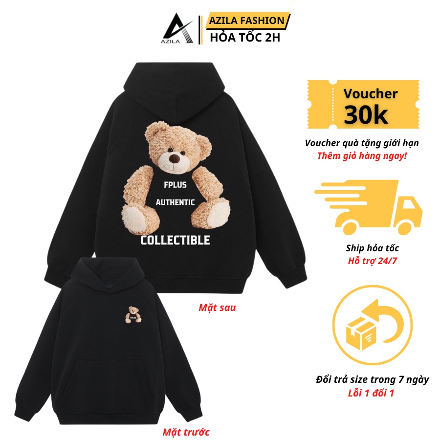 Áo Hoodie Nam Nữ AZILA Chất Nỉ Bông Cotton Form Basic Phong Cách Hàn Quốc 5 Màu in Gấu Teddy - TD104
