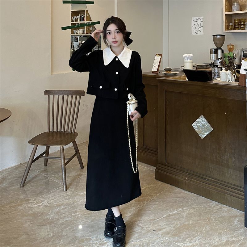 Bộ Áo Khoác Tay Dài Cổ Búp Bê + Chân Váy Dài Thời Trang Thu Đông Cho Nữ