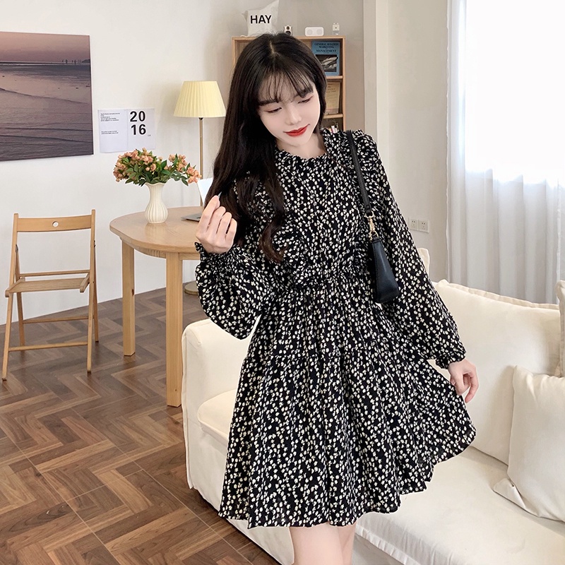 ZHELIHANGFEI Đầm hoa Pháp cổ điển tay áo cạp cao gợi cảm váy đa năng