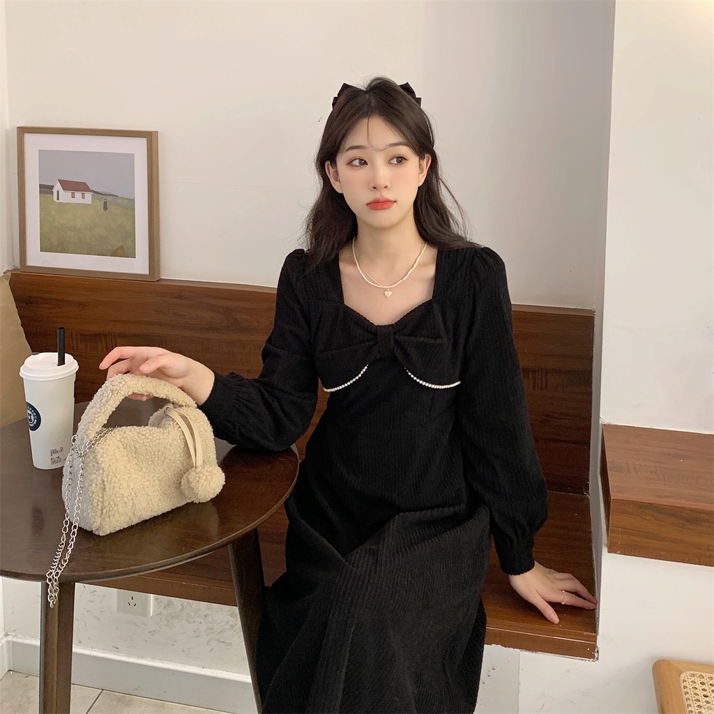 ZHELIHANGFEI Váy nơ dáng dài tay cổ vuông eo phong cách nữ kiểu dáng dài váy