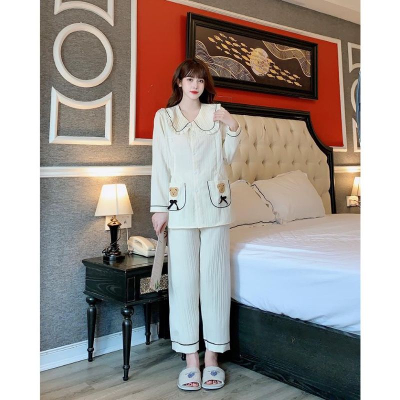 Bộ Pyjama [gấu] hai túi viền bèo tay dài siêu xinh