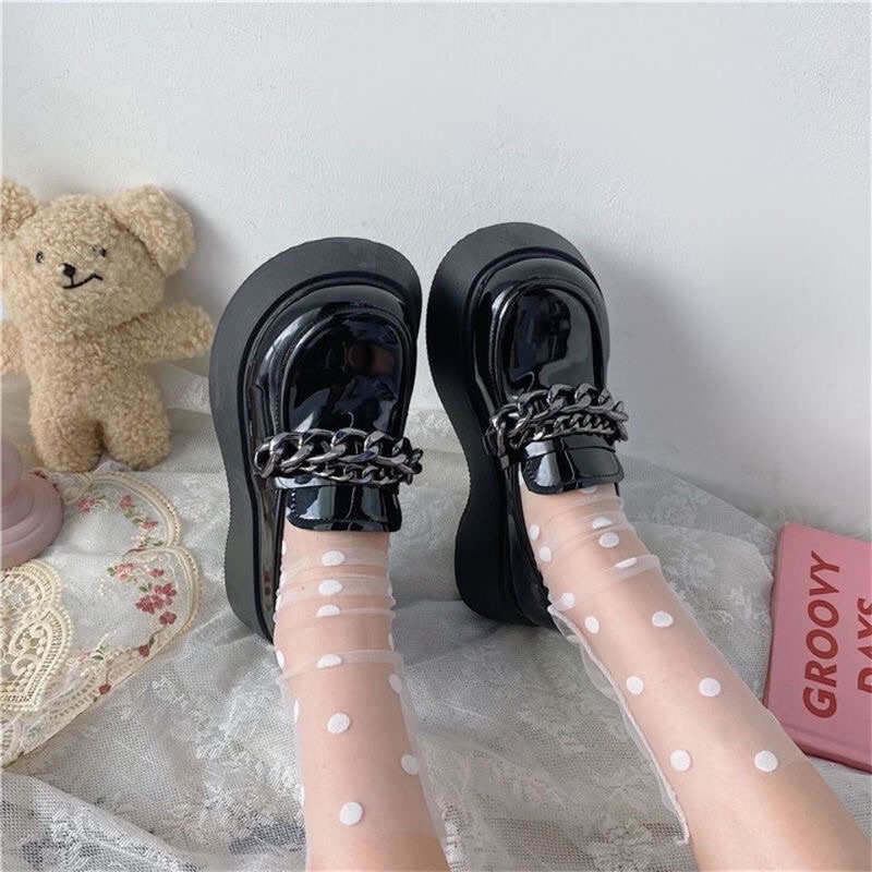 Giày Lolita nữ đen da bóng phối chuỗi xích tôn dáng đế dày cao 3-5cm phong cách Anh Quốc - Génial Shoes