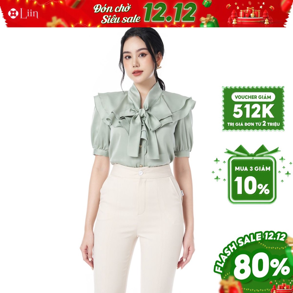 Áo kiểu nữ linbi chất vải lụa cổ nơ xanh viền bèo kiểu dáng xinh xắn, trẻ trung liin clothing A2357