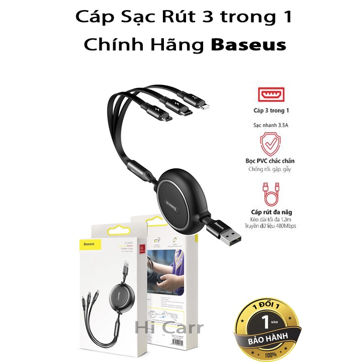 Cáp sạc dây rút 3 đầu Baseus Golden Loop 3 in 1 - Cáp Sạc Chống Rối Baseus