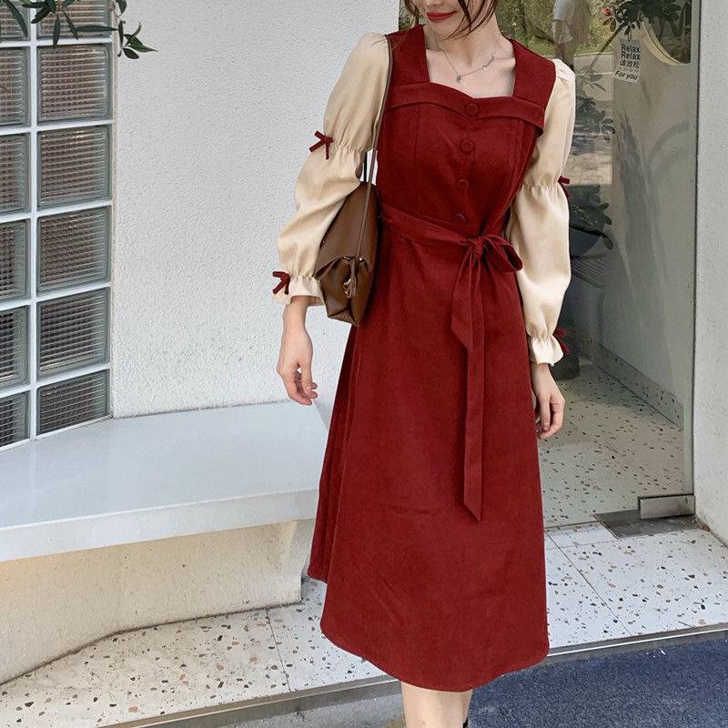 🎀váy babydoll váy dài tay thu đông váy mùa đông cho nữ set váy nữ váy xinh Đầm Nhung Tay Phồng Dáng Dài Vừa Thời Trang Mùa Thu 2021 Phong Cách Pháp Cổ Điển Dành Cho Bạn Nữ