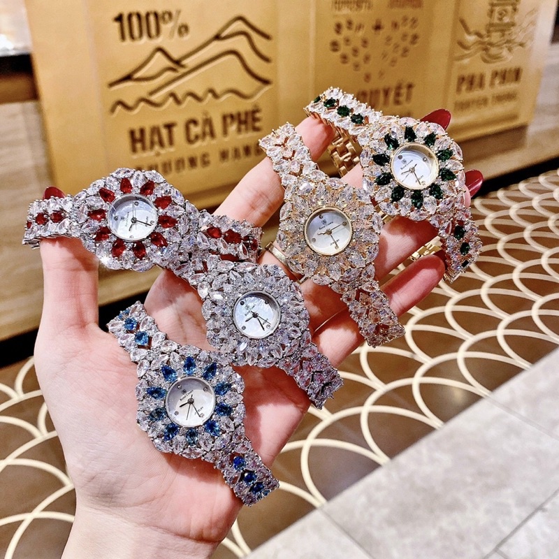 Đồng hồ Royal Crown 2035 mặt tròn hoa tuyết đính đá màu dây kim loại chính hãng