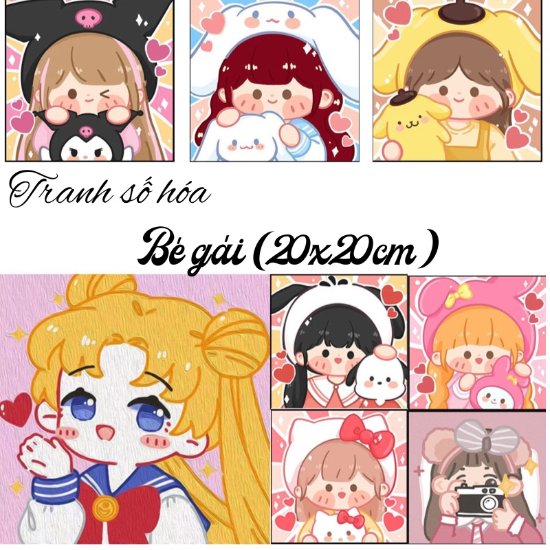 Tranh tô màu nước theo số nhân vật hoạt hình anime Bé gái cute, Tranh sơn dầu số hóa kèm cọ và màu vẽ