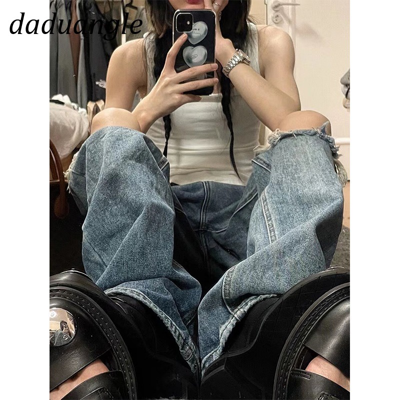 Quần jeans daduhey ống rộng dài lưng cao thiết kế rách phong cách hiphop Mỹ thời trang dành cho nữ