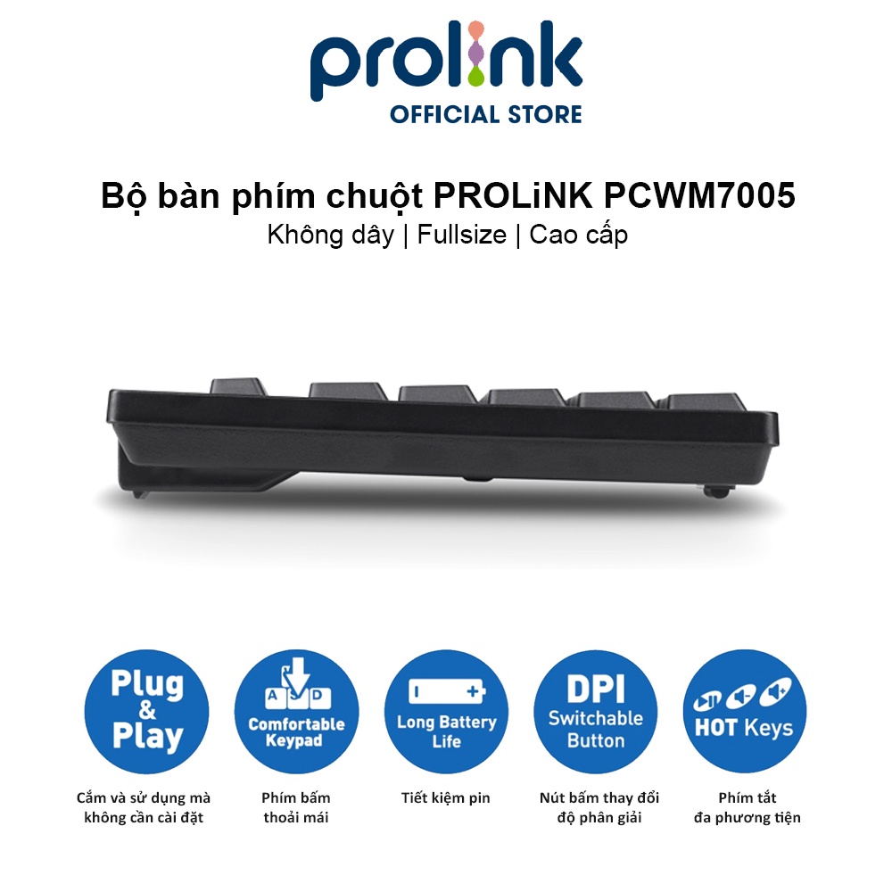 Bộ bàn phím chuột không dây PROLiNK PCWM7005 Fullsize cao cấp, chống thấm nước, thời lượng pin cao dành cho PC, Laptop