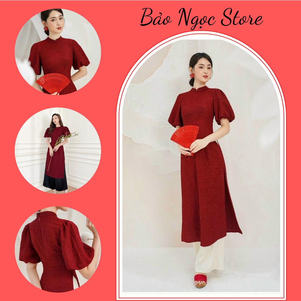 Áo Dài Gấm Đỏ, Áo Dài Cách Tân Tay Bồng Kèm Quần Suông Lụa Tone Màu Đỏ Đô Nhiều Size Cho Các Nàng Diện Tết.