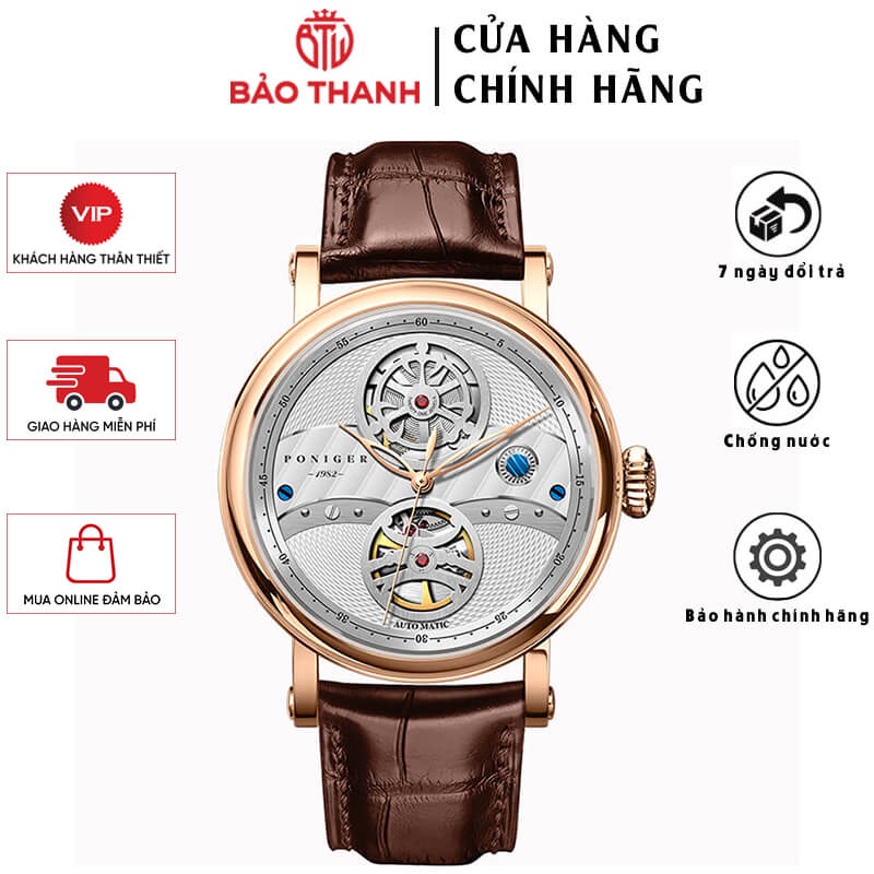 Đồng Hồ Nam PONIGER P817-1 Chính Hãng BH 24T Chịu Nước 50m Kính Chống Xước Dây Da Cao Cấp (Máy Cơ Tự Động)