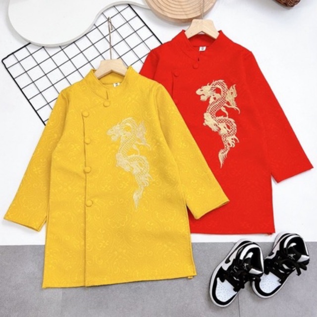 áo dài chất gấm cao cấp cho bé trai thêu Rồng size 15-30kg