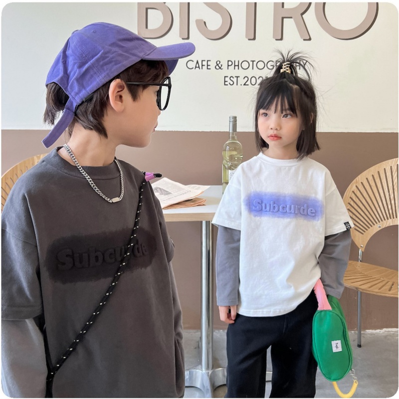 Áo Thun Tay Dài Giả Hai Mảnh In Chữ Phun Sương 3D Phong Cách Phương Tây Thời Trang Mùa Thu Mới 2022 Dành Cho Bé Trai Bé Gái