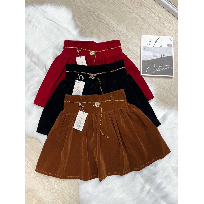 Chân váy nhung mẫu mới dáng xòe kèm dây xích logo cực hot , chất nhung dày dặn