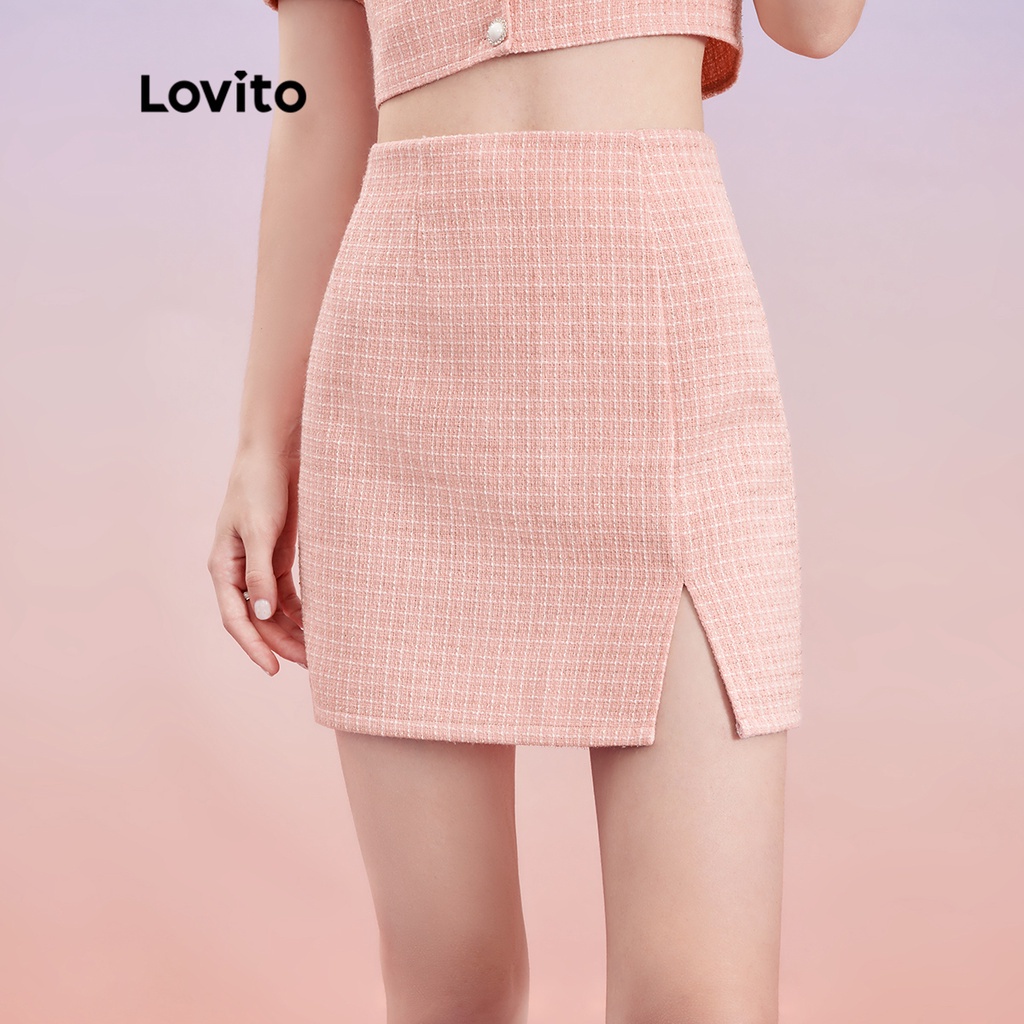 [Hàng có sẵn] Lovito Váy xẻ tà vải kẻ sọc dễ thương Kết cấu Chi tiết L30AD061 (Hồng nhạt)