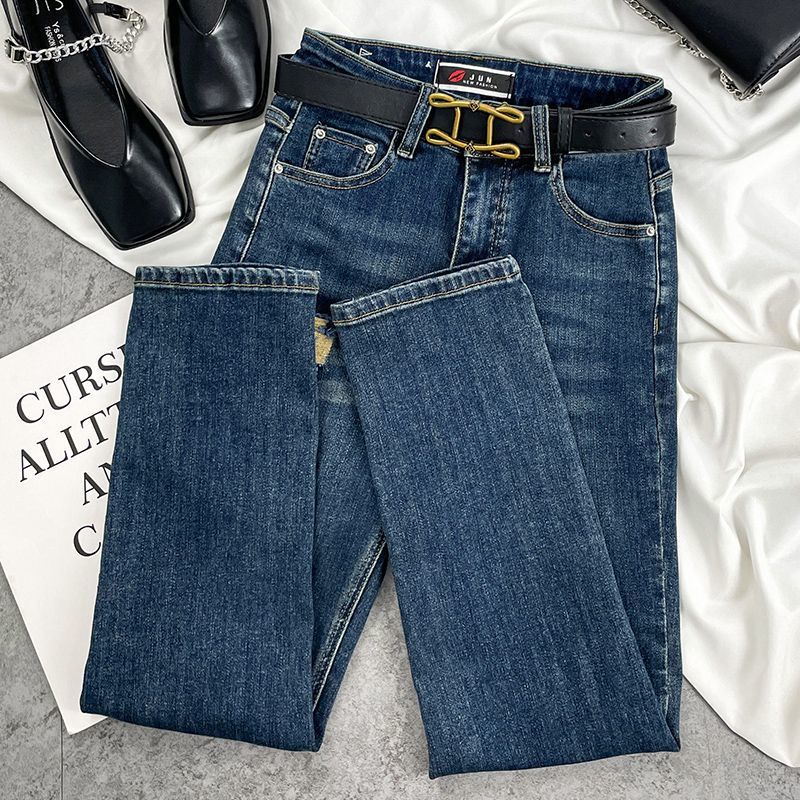 Jiashucheng Quần Jean Rách Lưng Cao Đến Mắt Cá Chân Dáng Ôm Cỡ Lớn Màu Tương Phản Thời Trang Mùa Thu Mới Cho Nữ