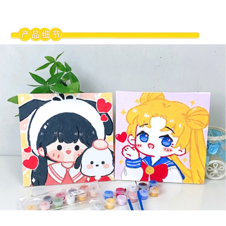 Tranh tô màu nước theo số nhân vật hoạt hình anime Bé gái cute, Tranh sơn dầu số hóa kèm cọ và màu vẽ