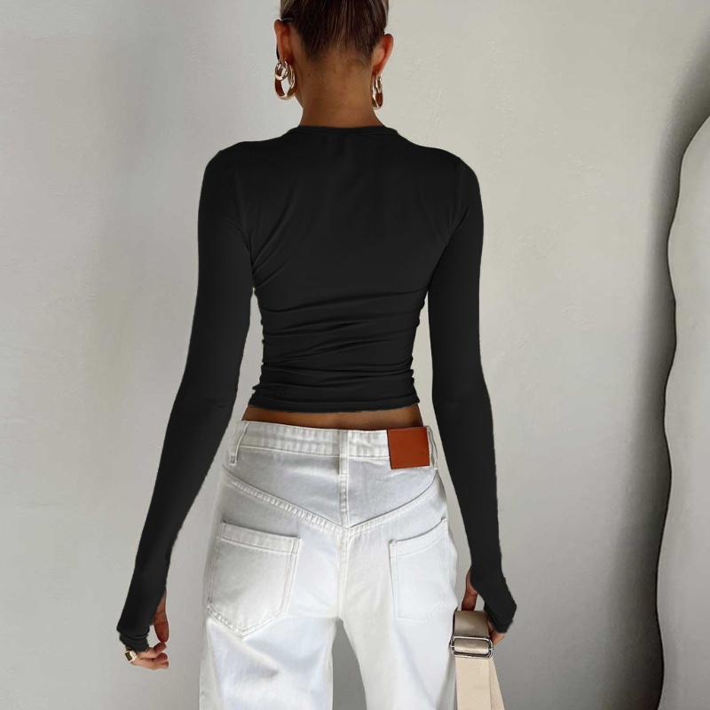 Áo Thun Crop Top Tay Dài Cổ Tròn Màu Trơn Ôm Dáng Thời Trang Mùa Thu Cho Nữ