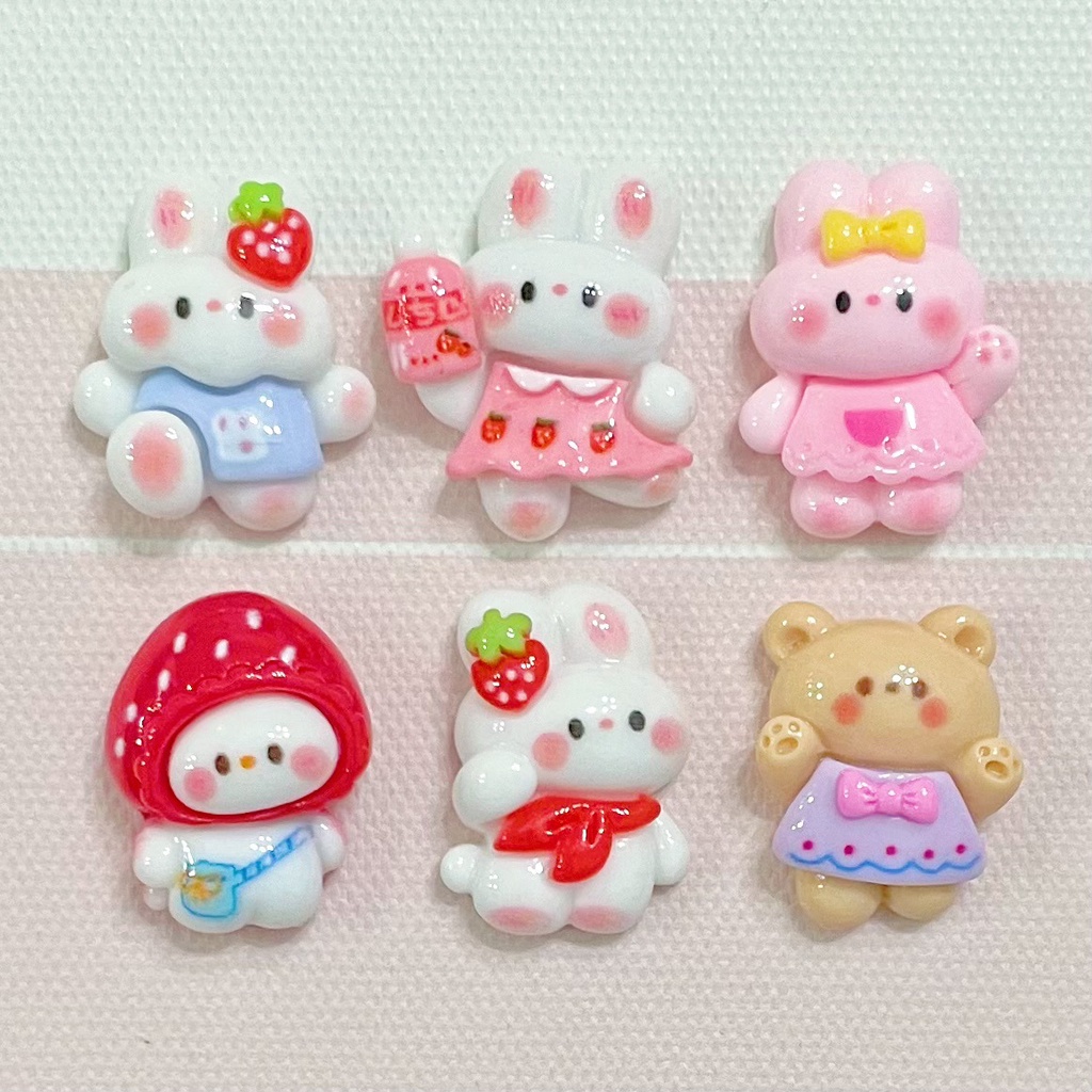 Set 10 Phụ Kiện Trang Trí Điện Thoại / Sổ Tay Hình Thỏ / Dâu Tây Bằng Resin DIY