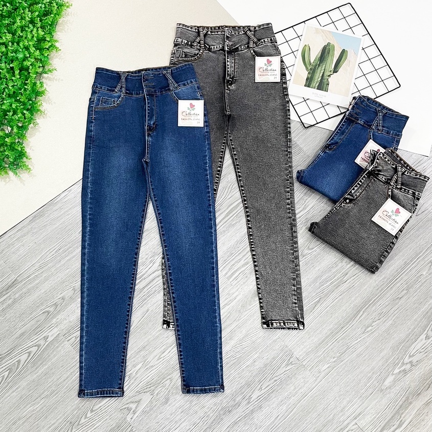 Quần jean skinny nữ vải cao cấp bigsize 3 cúc lưng cao đai chéo dài 98cm co giãn tốt