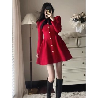 Váy đỏ cổ nơ bồng nhung lì  cực đẹp mới về thêm hotrend năm nay