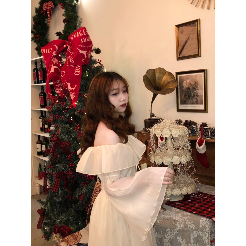 Váy Xòe Trễ Vai Voan Tơ Bồng Tay Loe Corset Eo Tiểu Thư Công Chúa Đi Chơi Chụp Ảnh Xuất Sắc