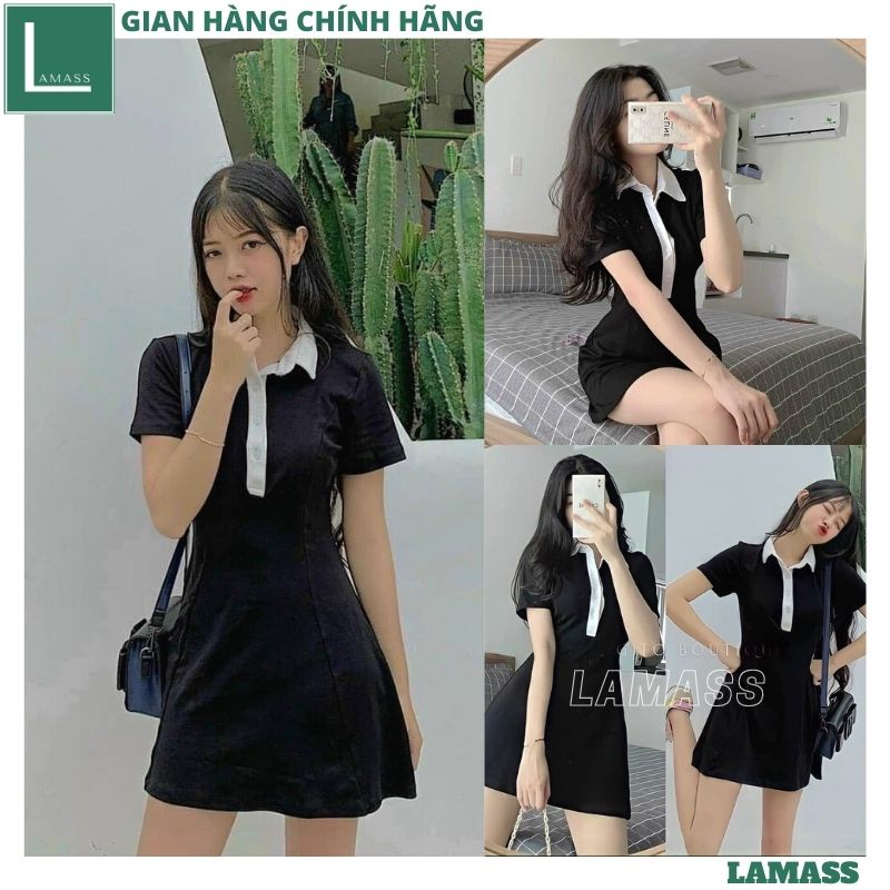 Váy Polo Đen Cổ Trắng - Đầm body Tết Dự Tiệc Thun Suông Thiết Kế Ôm Dáng Sexy Cao Cấp Đi Chơi Đẹp Sang Trọng - LAMASS