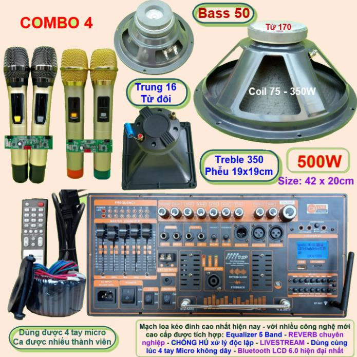 Mạch loa kéo 5 tấc đơn 500W Reverb chống hú DSP Livestream Equalizer 5 Band  kèm 4 tay Micro