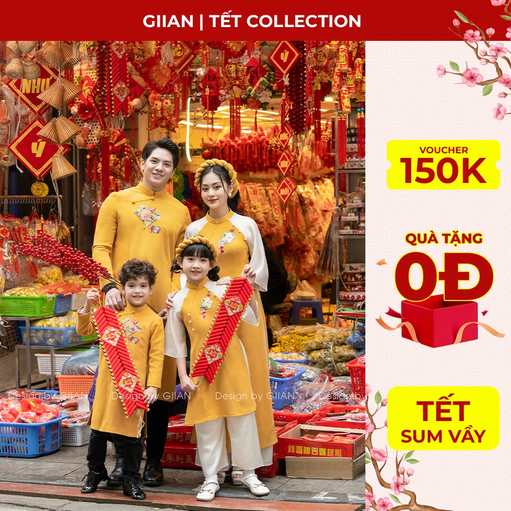 Áo dài tết gia đình 2023 thiết kế họa tiết thêu chính hãng Giian - GAD476