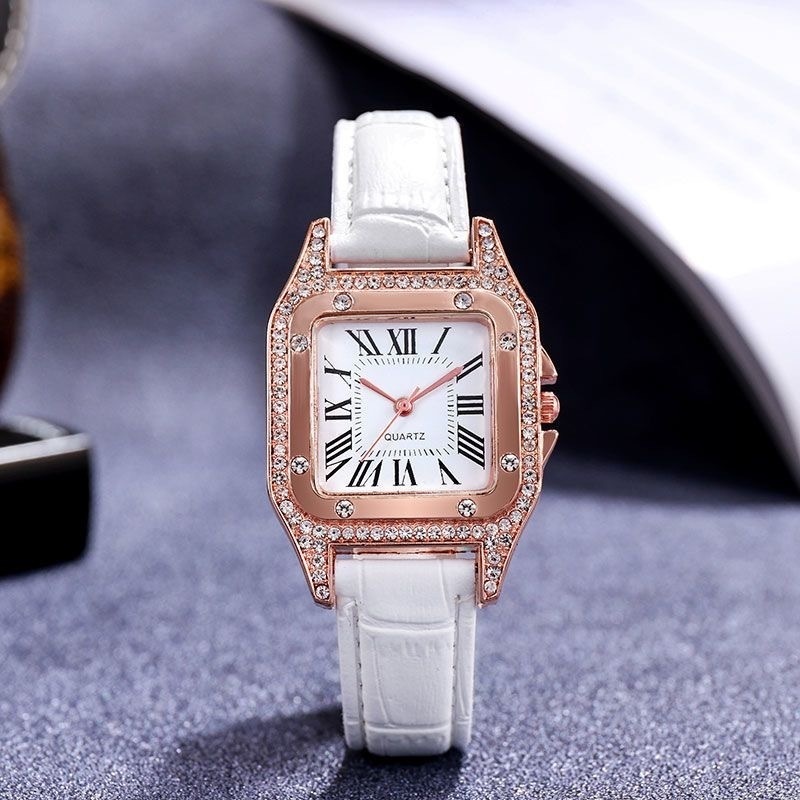 Đồng Hồ Quartz Nữ Mặt Vuông Đính Hột Xoàn Dây Da Thời Trang