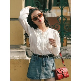 Ariustees- áo kiểu trắng cổ viền bèo suri blouse