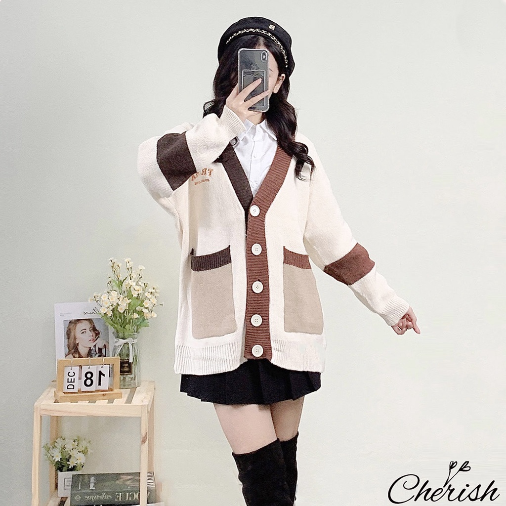 Áo Khoác Cardigan Thêu Chữ Phối 2 Màu Áo Cadigan Len Nữ dày dặn CHERISH-CD08
