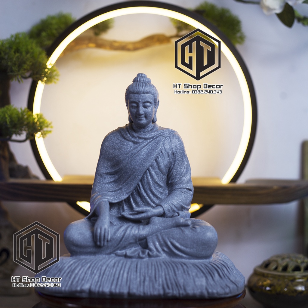 Tượng Phật Thích Ca Xúc địa thủ ấn 20 cm đá xám chấm bi