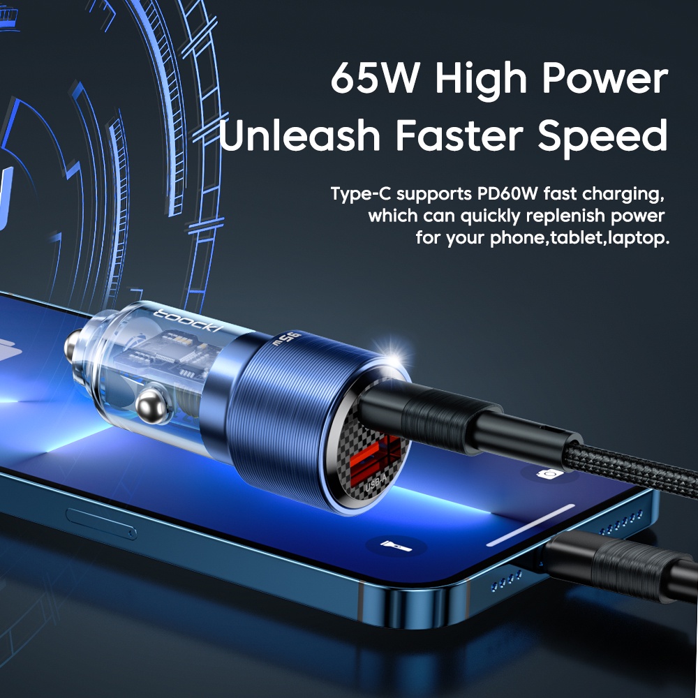 Tẩu sạc nhanh TOOCKI mini 2 cổng USB Type C trong suốt USB 95W QC 3.0 PD tiện lợi chuyên dụng cho xe hơi