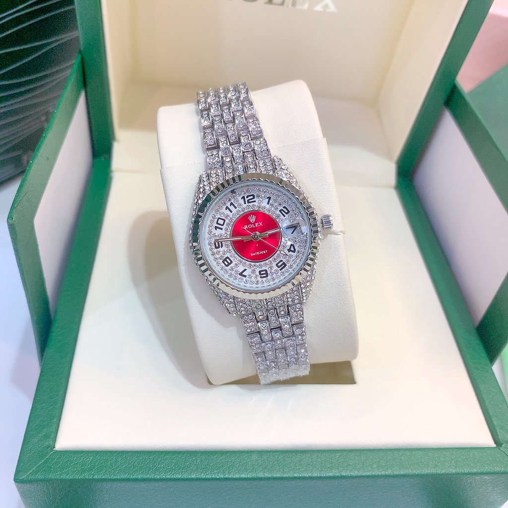 Đồng Hô Nữ Rolex Đính Full Đá - Size 32mm Sang Trọng Dành Cho Nữ, Máy Pin, Bảo Hành 3 Tháng