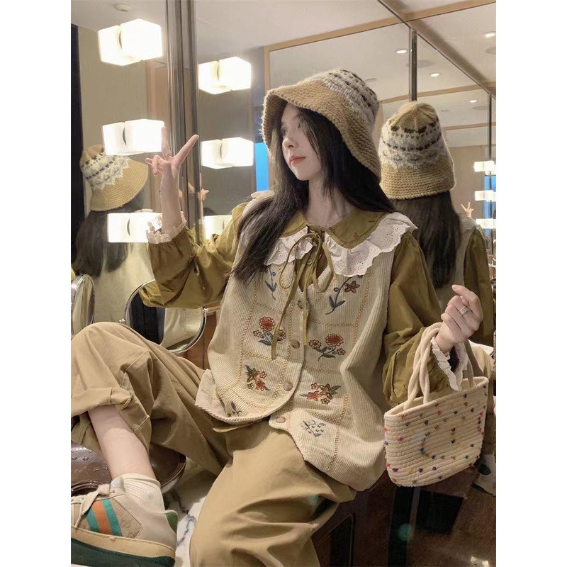 Set Áo Khoác Ghi Lê + Áo Sơ Mi Cổ Búp Bê + Quần Dài Ống Rộng Phong Cách Nhật Bản Cho Nữ