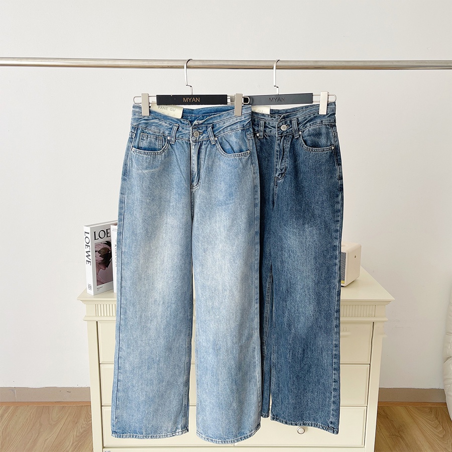 Quần Jeans Dáng Suông MYAN Lưng Cao Ống Rộng Bạc Gối Màu Xanh Q042303 (5125)