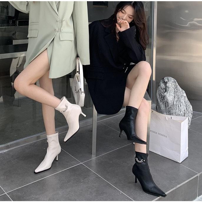 [Có sẵn] MÃ 1128-6 BỐT NỮ CỔ NGẮN PHỐI XÍCH CHẤT DA LỲ MỀM GÓT NHỌN CAO 6P CAO CẤP FULLBOX