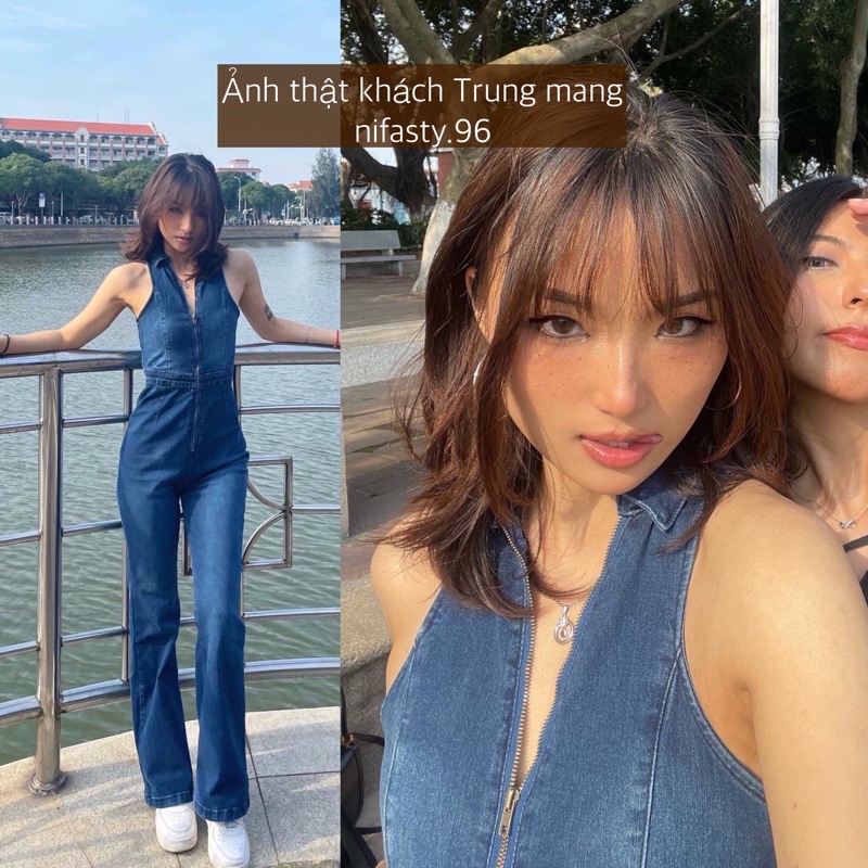 *kèm ảnh thật* Jumpsuit jeans nữ sát nách ống suông loe vừa tôn dáng