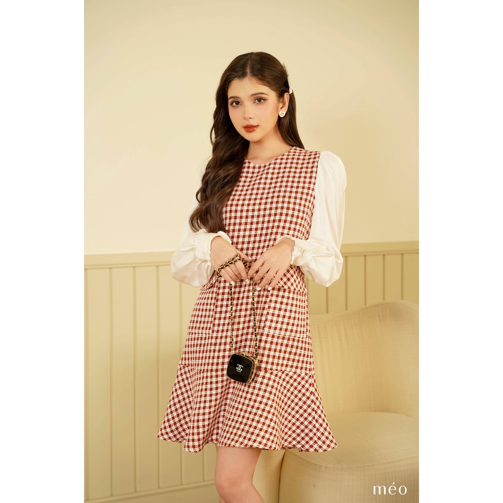 Váy liền nữ Méo shop dạ tweed cổ tròn túi nắp phối tay áo lụa Bambi