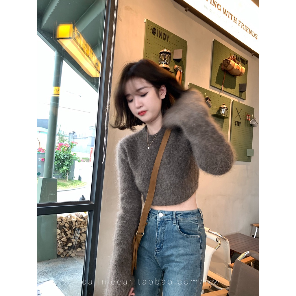 Áo Dệt Kim Tay Loe Ôm Eo Cổ Tròn Màu Xám Đen Thời Trang Thu Đông Cho Nữ