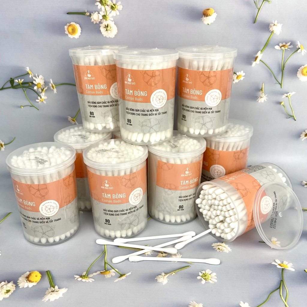 Tăm Bông 80 QUE/ HỘP TRÒN COTTON BUDS đầu tăm lớn có nắp BÔNG BẠCH TUYẾT