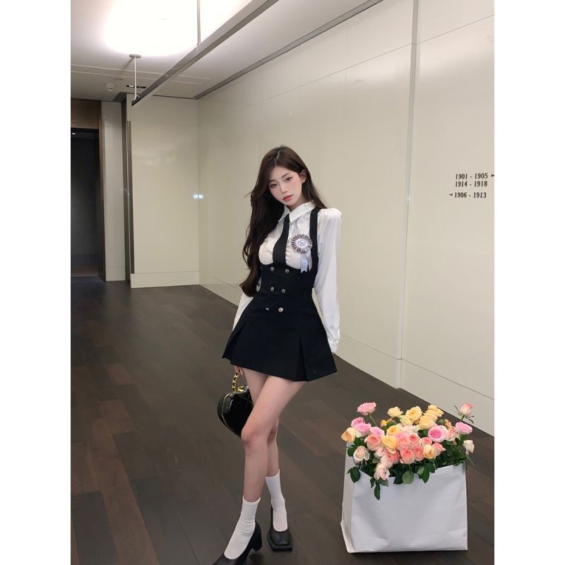 Bộ Áo Sơ Mi Tay Dài + Chân Váy Yếm Thời Trang Mùa Thu Phong Cách Hàn Quốc Cho Nữ