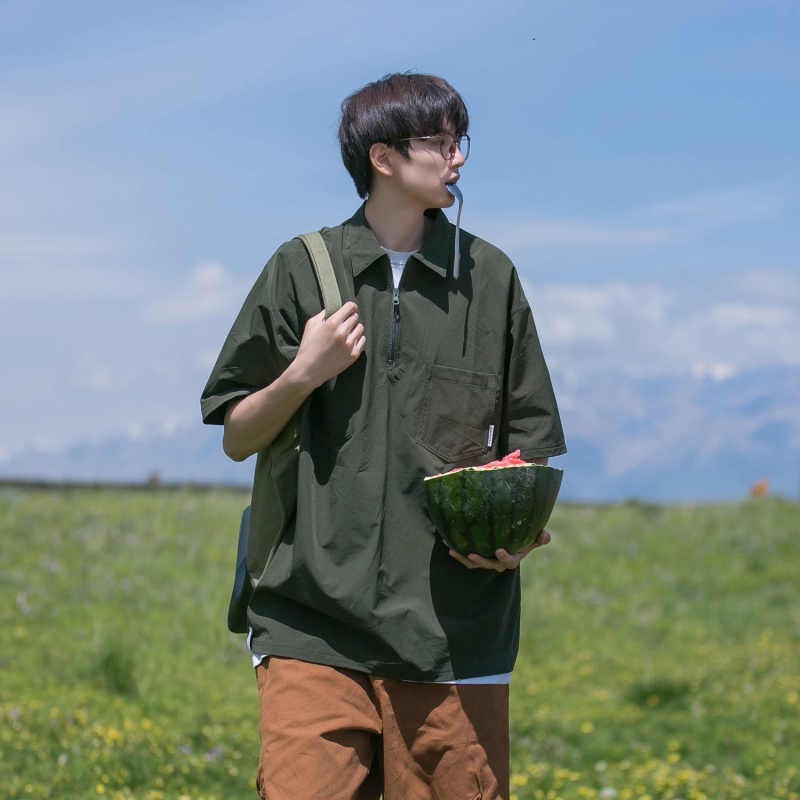 Áo Thun POLO Tay Ngắn Dáng Rộng Có Khóa Kéo Phong Cách Nhật Bản Thời Trang Mùa Hè Cho Nam