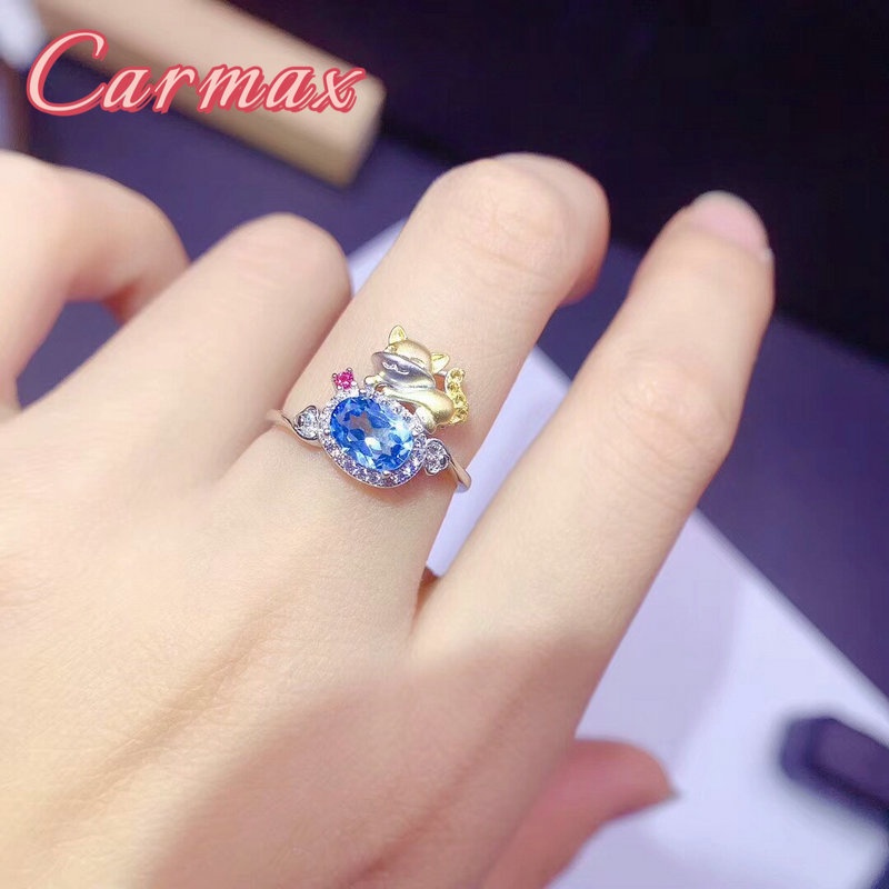 Topaz Blue Diamond Ring Cat Colored Gems Blue Crystal Fox Open Ring