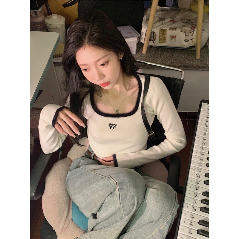 ZHELIHANGFEI Áo Dệt Kim Tay Dài Cổ Vuông Eo Cao Quyến Rũ Dễ Phối Đồ Hợp Thời Trang