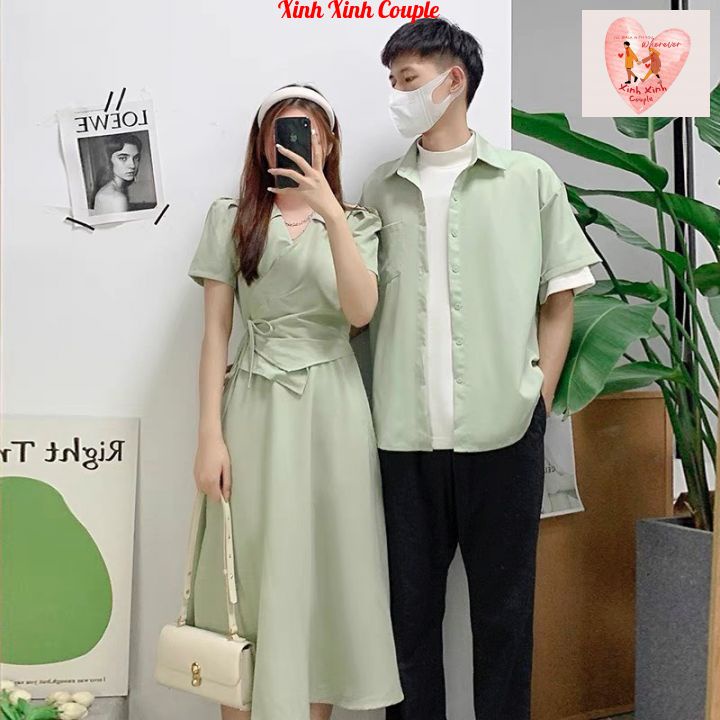 Set đồ đôi áo sơ mi nam đầm nữ couple, trẻ trung thời trang hàn quốc