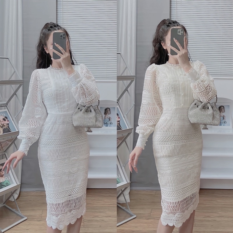 Đầm ren body dài tay phối cúc